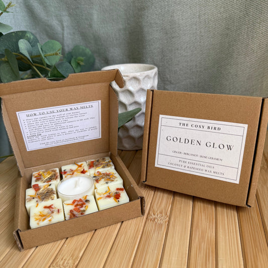 Golden Glow Essential Oil Wax Melts | Botanical Home Fragrance | 8 Wax Melt Squares