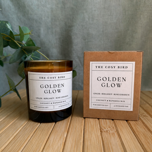 Pre Order - Golden Glow Essential Oil Wellness Candle | Ginger, Bergamot & Rose Geranium | 220g